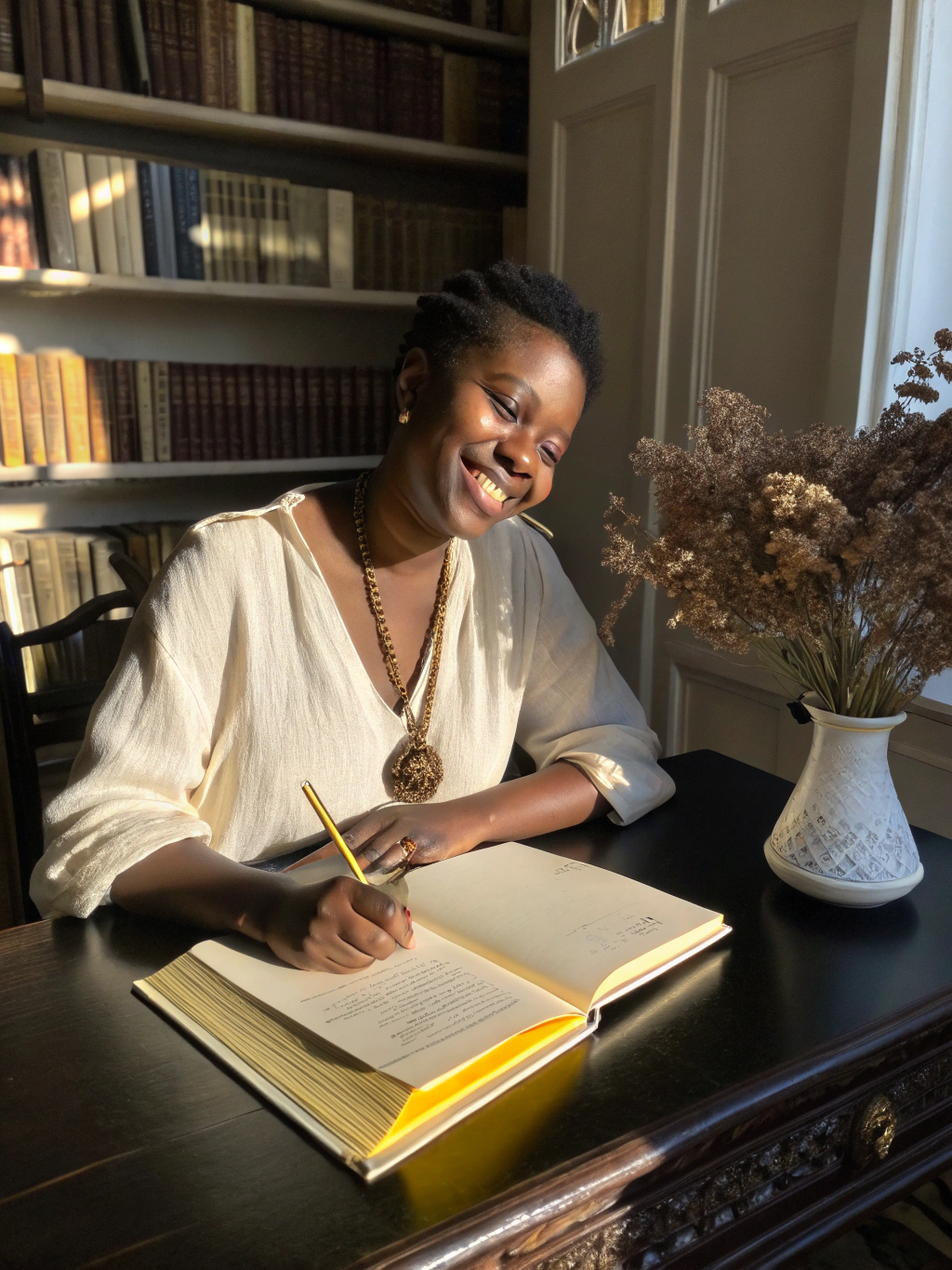 Black creator and author engaging in a thoughtful podcast conversation with studio microphone