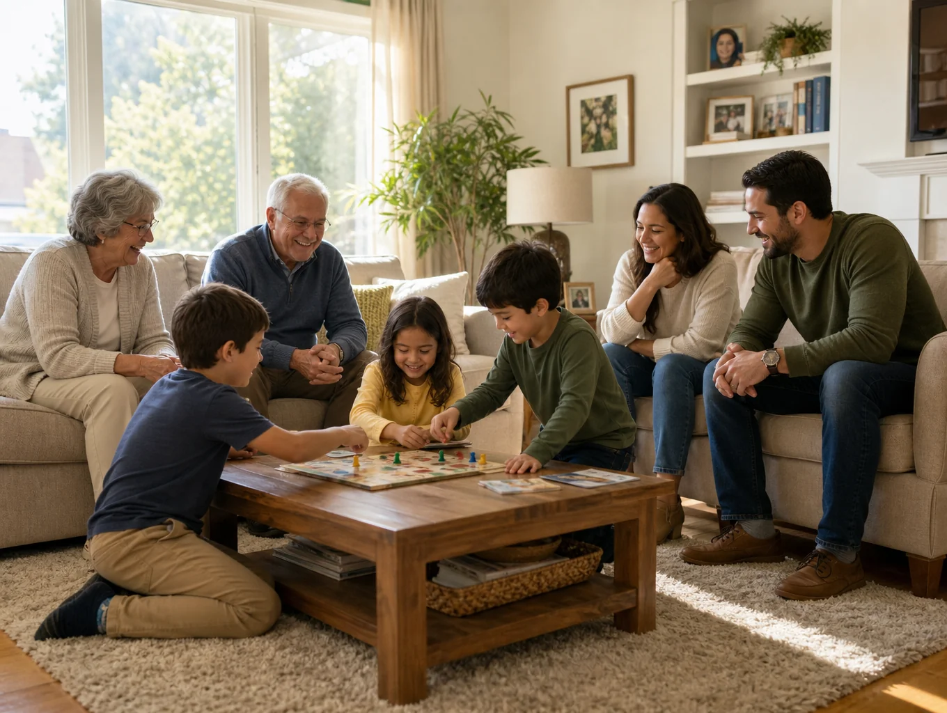 Multilingual multi-generational family reading illustrated books together at home
